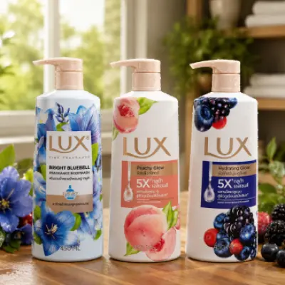 LUX Fine Fragrance Body Wash Collection (Bright Bluebell, Peachy Glow & Hydrating Glow) 450ml